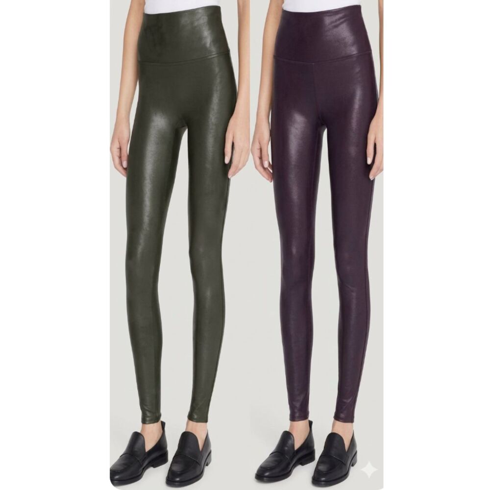 SPANX Faux Leather Leggings Bundle Olive Green Dark Plum Size Small